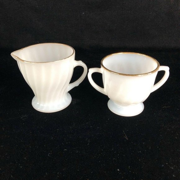 Fire King 3 Creamer 1 Sugar Bowl 2 Berry Set White Gold Swirl Anchor Hocking - Picture 5 of 12